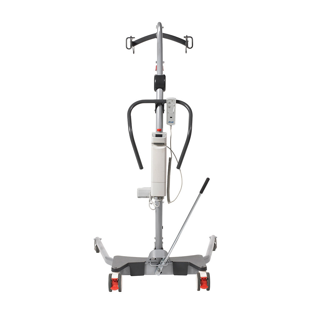 Drive Levantar electric floor lift front view showing boom arm, sling bar hooks, push handles, electric motor unit, hand control, manual base spread lever, and locking casters — available at Must in Metro Vancouver