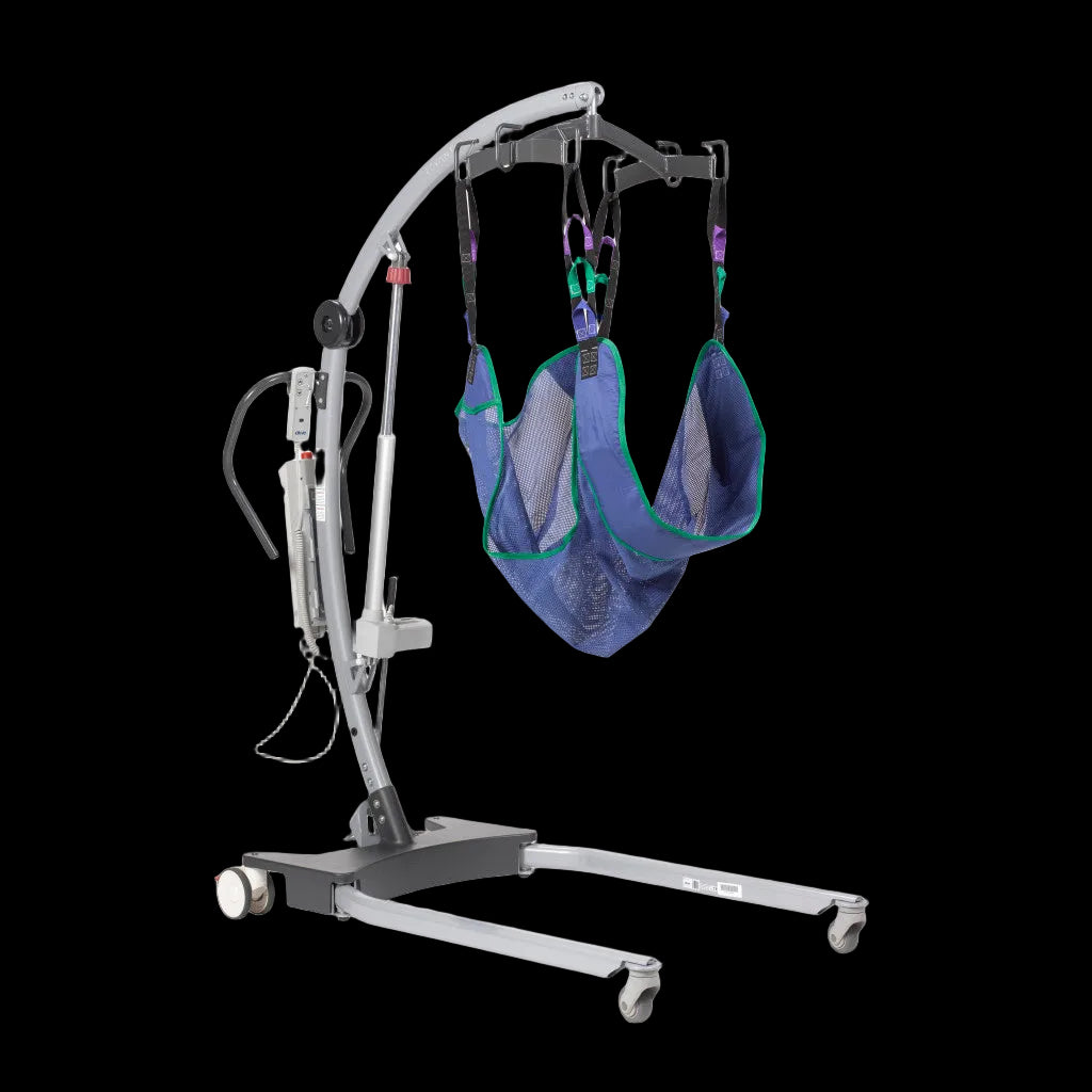 Drive Levantar electric floor lift with blue mesh body sling attached to sling bar, showing full transfer setup with hand control and locking casters — available at Must in Metro Vancouver