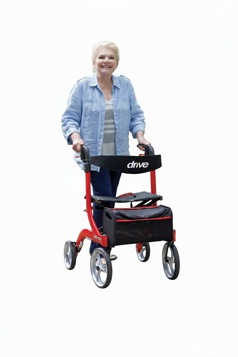 Drive Nitro aluminum rollator, 4-wheel rolling walker with seat, sold at Must Medical Surrey