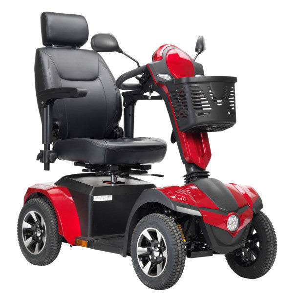 Drive Panther HD 4-wheel heavy-duty mobility scooter in red with high-back captain seat, headrest, front basket, and all-terrain tires
