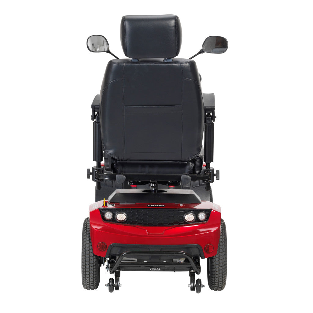 Front view of Drive Panther HD 4-wheel mobility scooter in red showing captain seat, dual mirrors, headlights, and anti-tip wheels