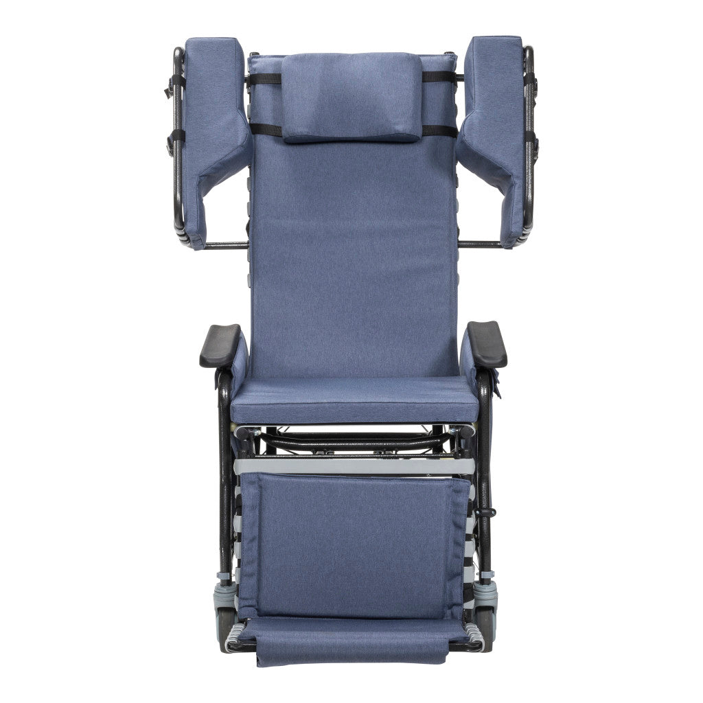 Drive tilt-and-recline chair front view in upright position with padded headrest, lateral supports, armrests, seat cushion, and footrest in blue upholstery