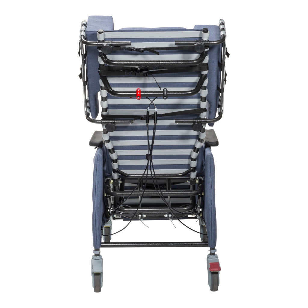 Rear view of Drive tilt-and-recline chair showing steel frame, cable tilt mechanism, cross-brace support, and casters with blue upholstery