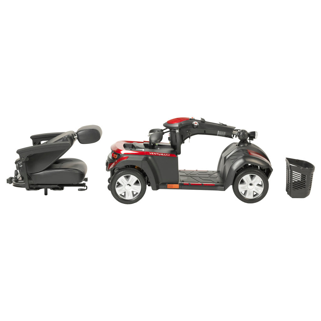 Drive Ventura DLX mobility scooter disassembled into 3 parts showing removable captain seat, main body with folded tiller, and detached front basket for easy transport
