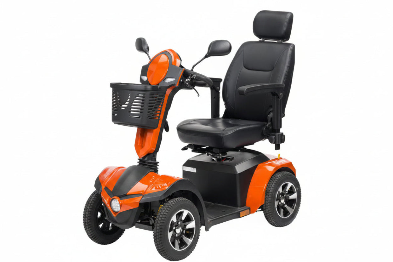 Drive Viper 4-wheel mobility scooter in red on white background, front 3-quarter angle showing headlight, front basket, tiller, and captain seat