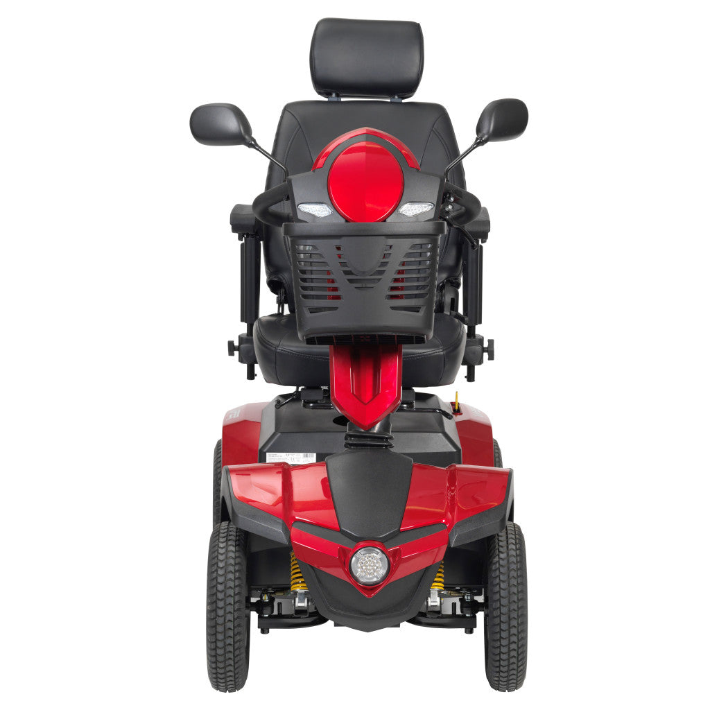 Rear view of Drive Viper 4-wheel mobility scooter in red showing dual mirrors, headrest, suspension springs, and wide all-terrain tires