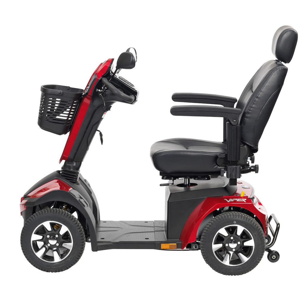 Side view of Drive Viper 4-wheel mobility scooter in red with captain seat, armrests, headrest, front basket, and all-terrain tires