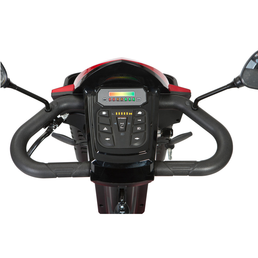 Close-up of Drive Viper mobility scooter tiller control panel with LED battery indicator, speed dial, turn signals, horn, and delta handlebar