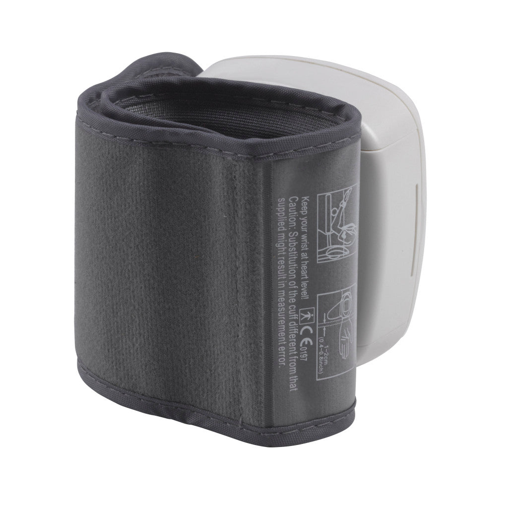 Close-up of Drive wrist blood pressure monitor cuff back showing usage instructions, CE certification mark, and sizing guide