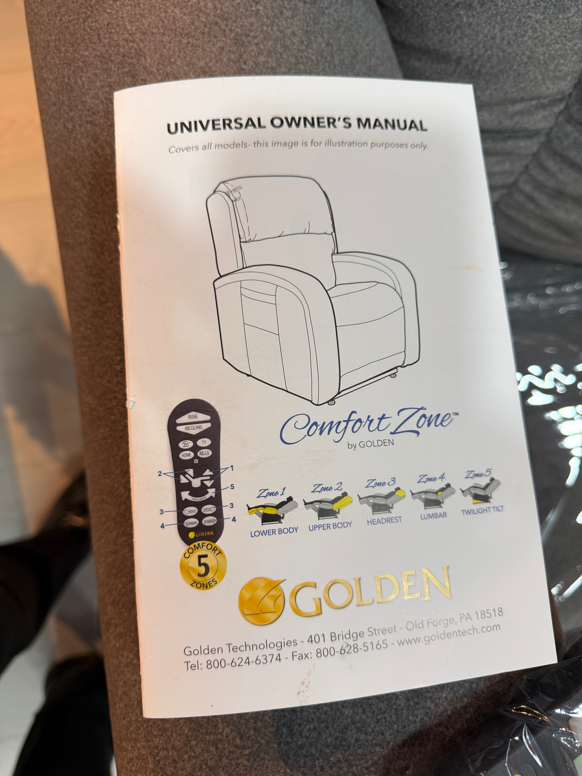 Golden Technologies owner's manual page showing the Comfort Zone 5-zone control system for the power lift chair