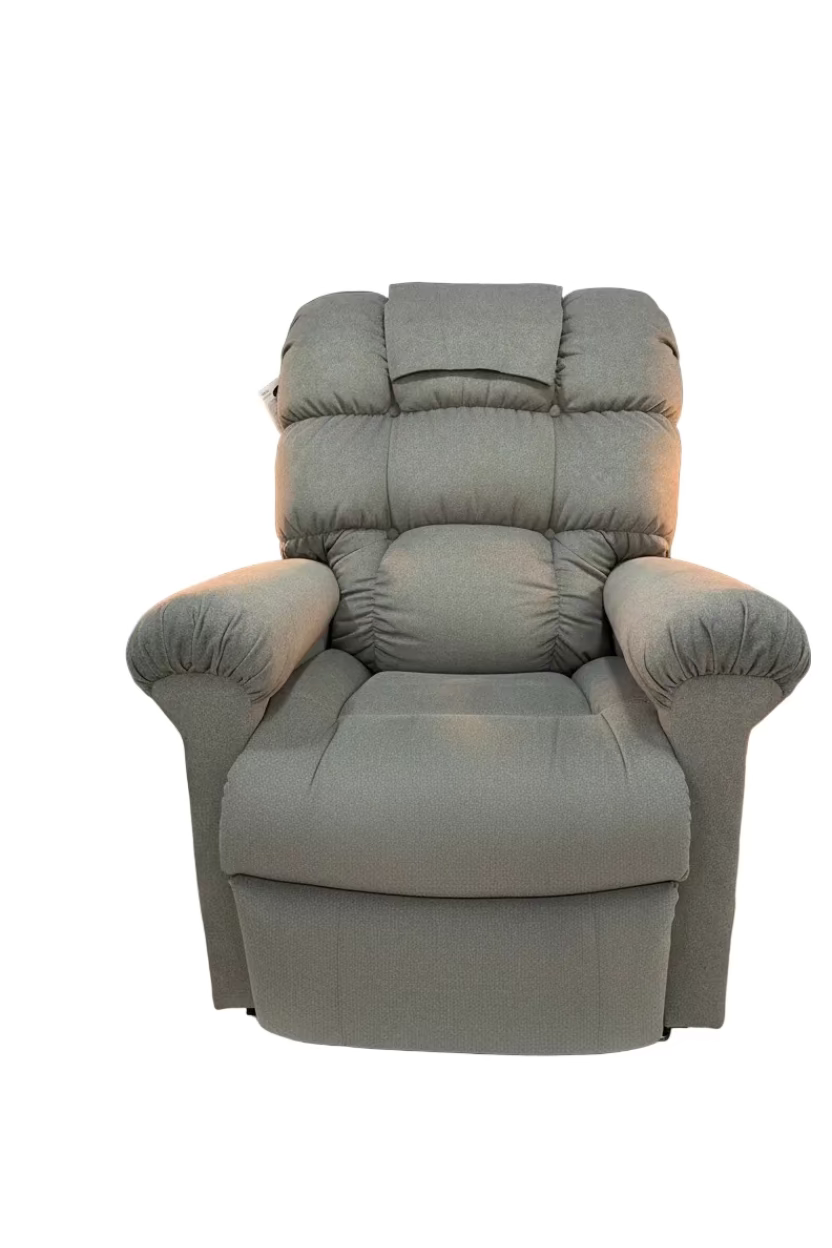 Golden Technologies Cloud Classic Power Lift Chair in grey fabric – straight front view showing oversized pillow-top back with three cushion sections, rounded pillow armrests, wide cushioned seat, and skirted base on white background