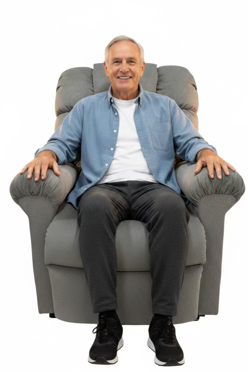 Golden Technologies Cloud Classic Power Lift Chair in grey fabric – smiling older adult man seated upright in the chair, showing pillow-top armrests, tufted high back with headrest, and wide cushioned seat, on white background