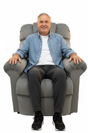 Golden Technologies Cloud Classic Power Lift Chair in grey fabric – older adult man seated upright, showing pillow-top armrests, tufted high back with headrest and wide cushioned seat