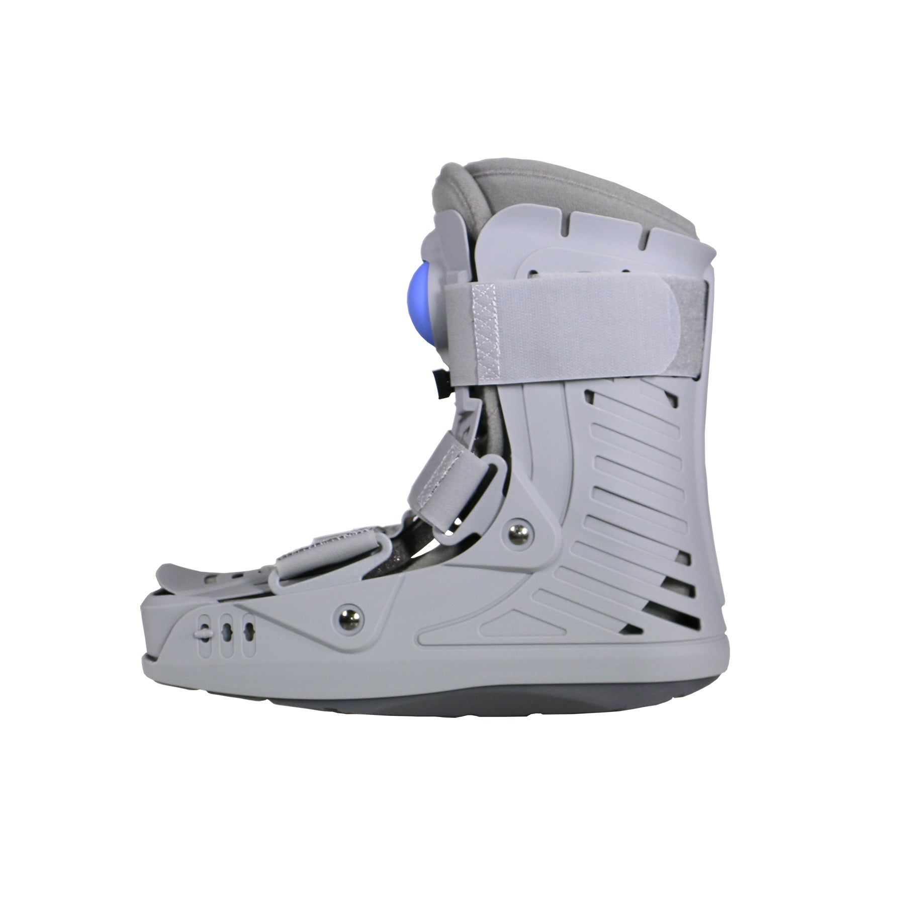 Grey pneumatic air CAM walking boot with blue air pump bladder, rigid vented shell, velcro strap, and rocker sole — standalone side view showing structured ankle immobilization boot design
