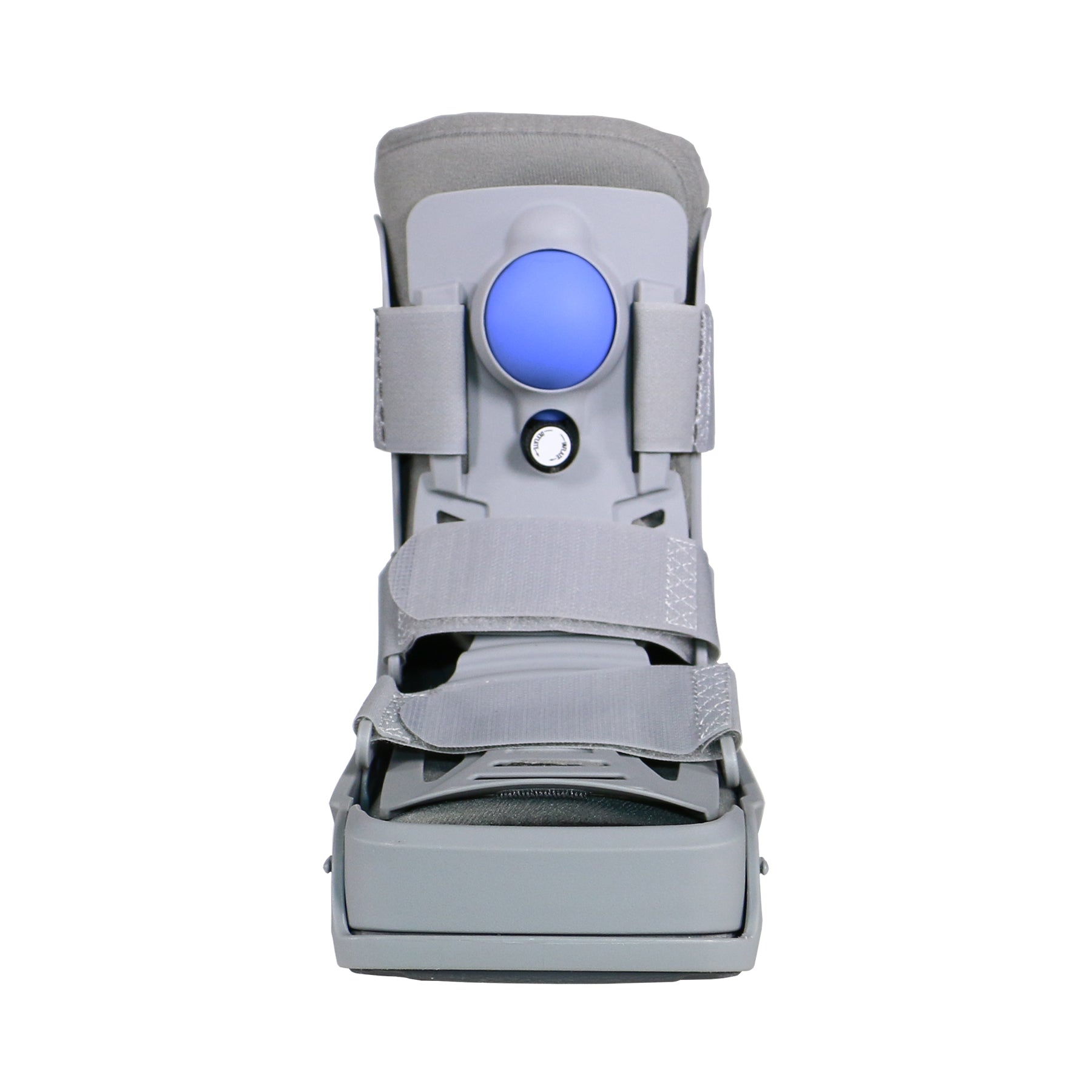 Grey short pneumatic air CAM walking boot with blue air bladder, black inflation valve, velcro straps, padded collar, and rocker sole — straight front view showing full boot structure and ankle immobilization design
