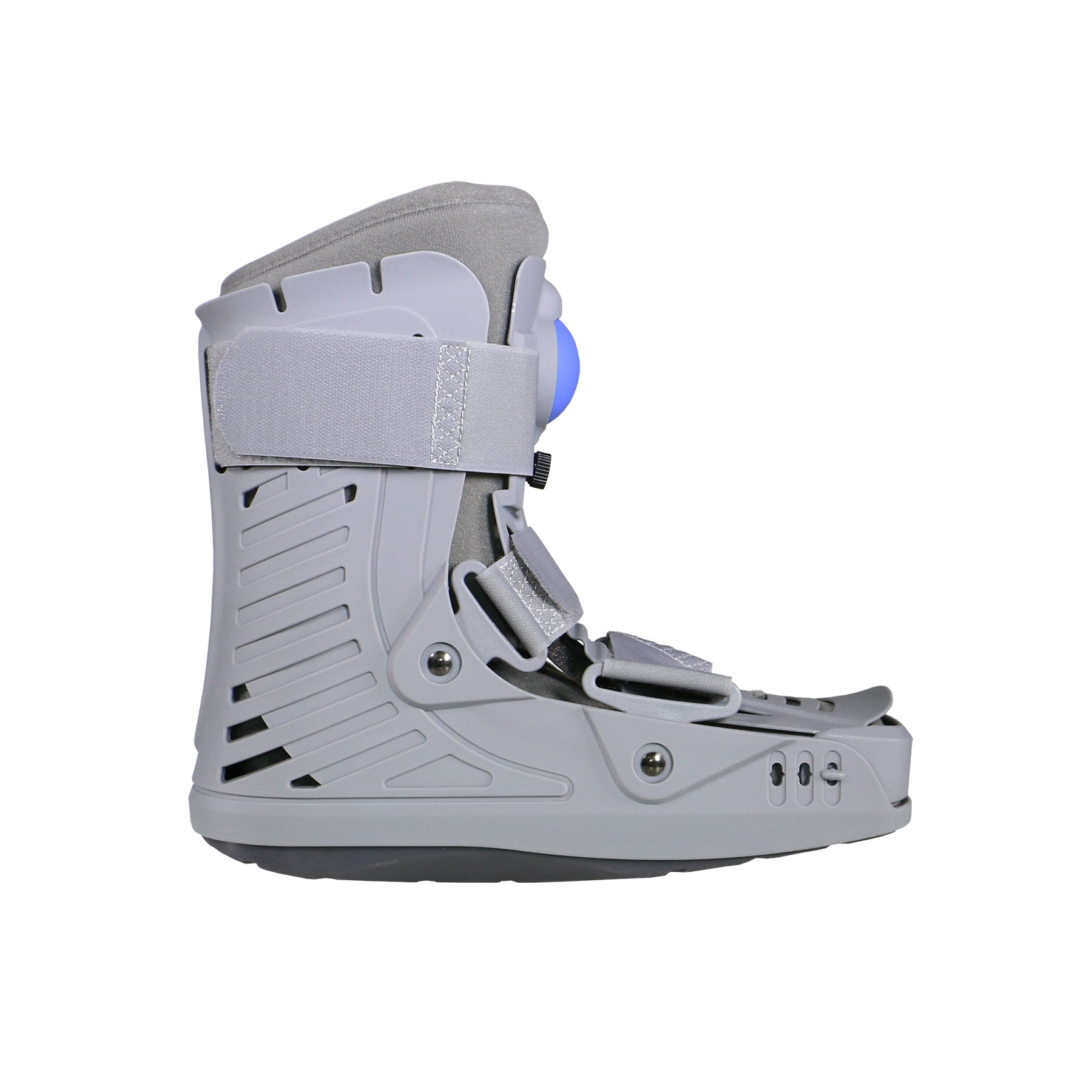 Grey short pneumatic air CAM walking boot with blue air bladder, vented rigid shell, velcro strap, hinged ankle joint, and rocker sole — side view showing lightweight structured design for ankle fracture recovery and immobilization