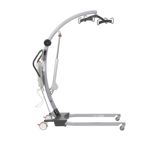 Levantar electric floor lift with manual base, curved boom arm, sling hooks, hand control, and casters — 500 lb capacity, available at Must in Metro Vancouver