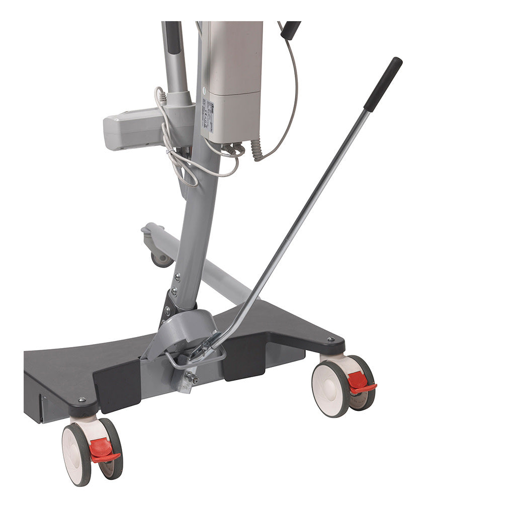 Close-up of Levantar floor lift base showing manual spread lever, locking casters with red brake tabs, and battery pack on grey steel base