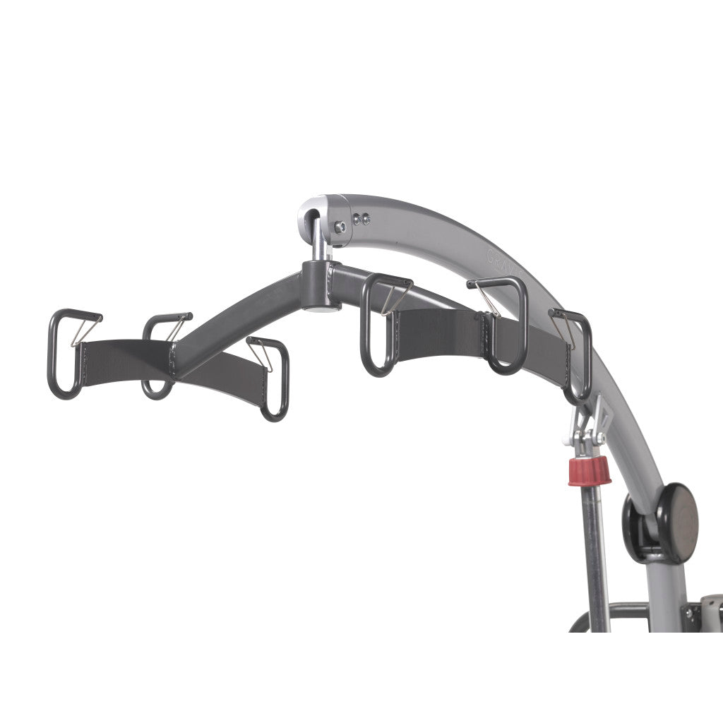 Close-up of Levantar floor lift curved boom arm and sling bar with 4-point hook attachment system for secure sling connection