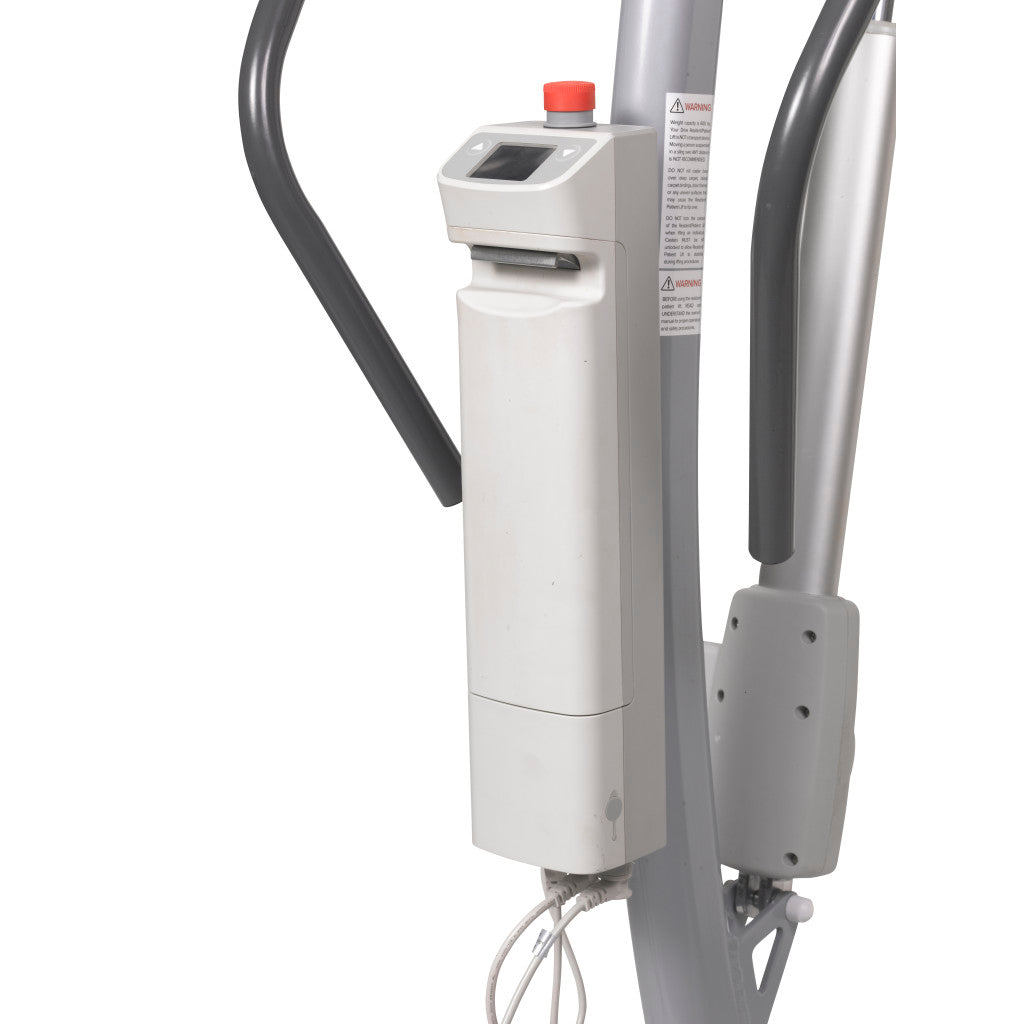 Close-up of Levantar floor lift electric motor unit with red emergency stop button, load indicator display, and hand control cable connection