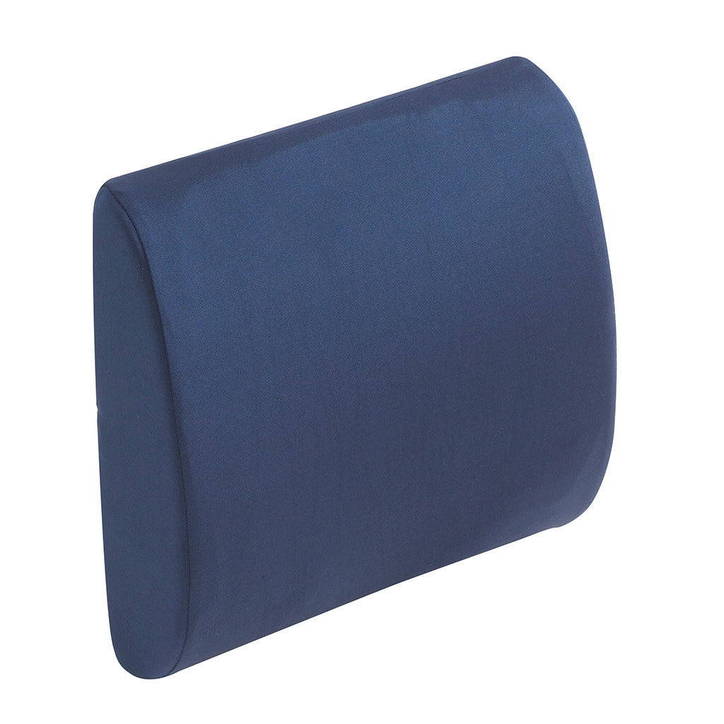 Navy blue foam lumbar support cushion for back comfort and posture support in chairs, wheelchairs, and vehicles