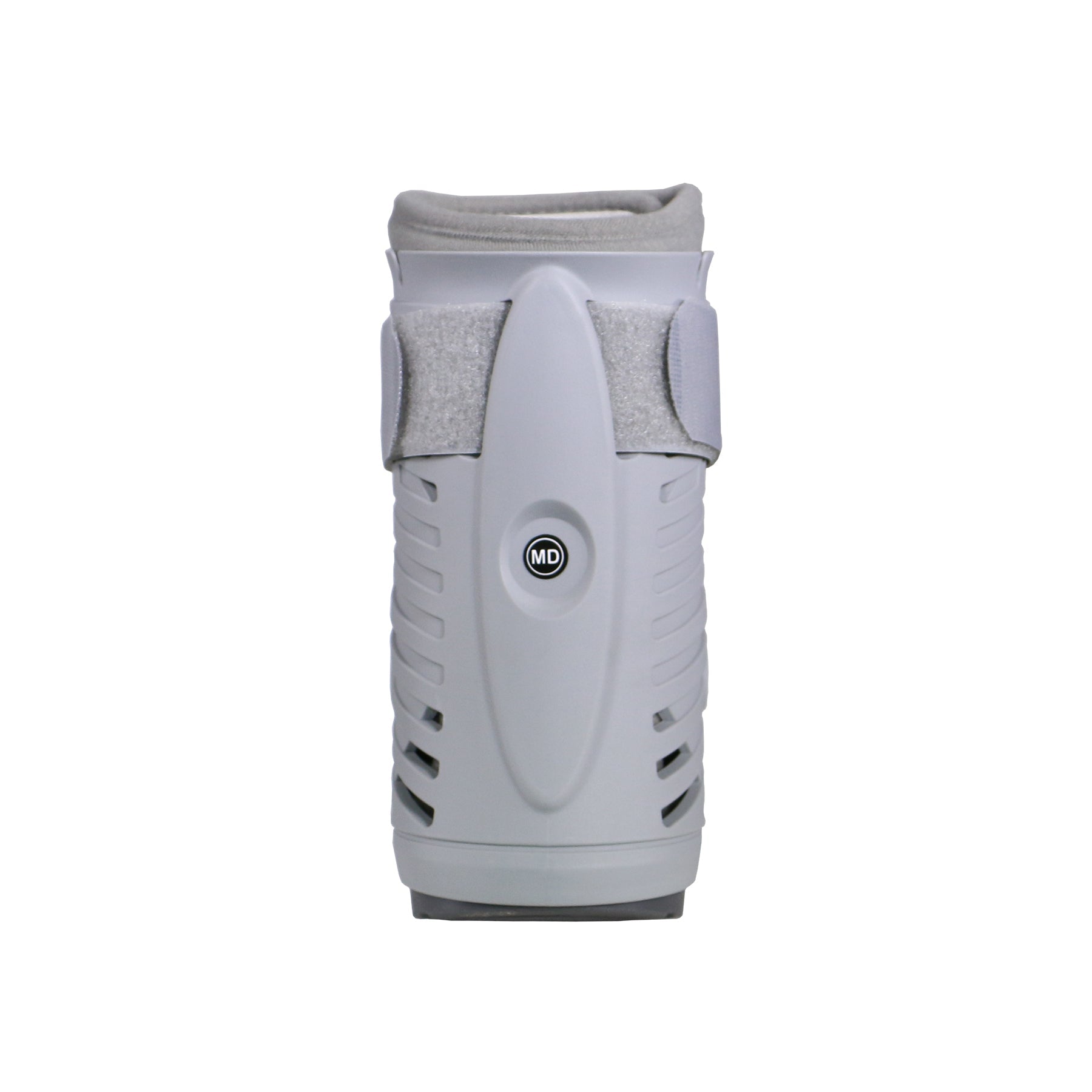 Grey rigid wrist brace with MD Orthopaedic logo, dual velcro straps, vented shell, and padded liner — front view showing structured wrist immobilization support with ergonomic contoured design