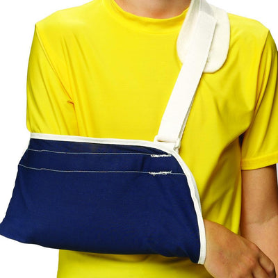 Navy blue pediatric arm sling with adjustable white strap for children's shoulder and forearm support – Must