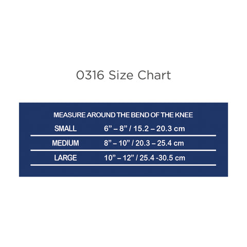 OTC 0316 KidsLine pediatric knee support size chart – Small 6–8 in, Medium 8–10 in, Large 10–12 in, measured around the bend of the knee – Must