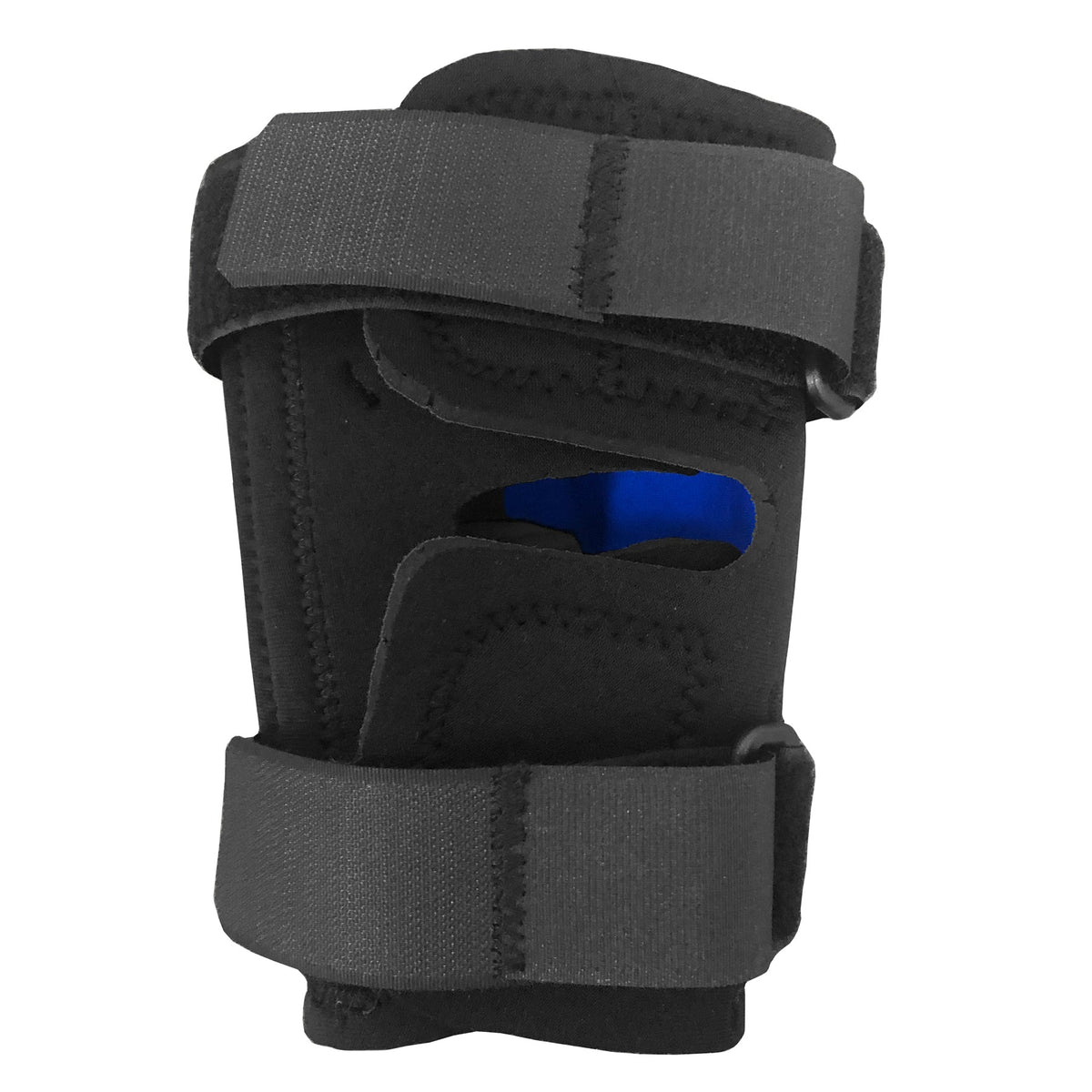 OTC KidsLine 0324 pediatric knee wrap back view with open patella design, dual adjustable velcro straps and blue flexible stays