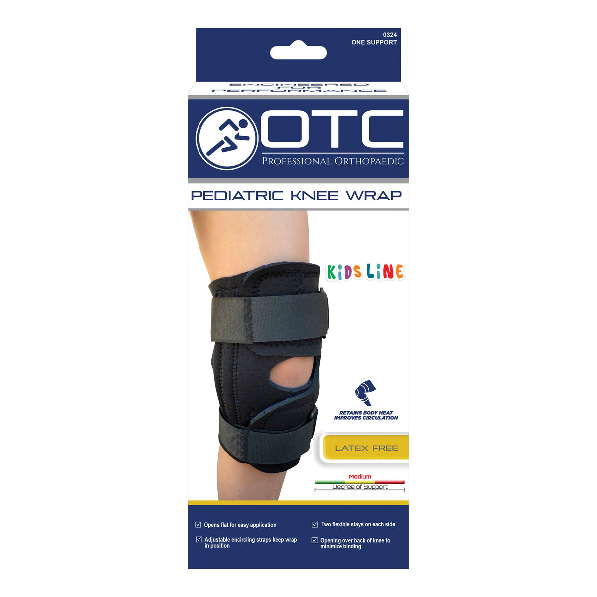 OTC KidsLine 0324 pediatric knee wrap packaging showing open patella, adjustable encircling straps, two flexible stays and latex-free medium support