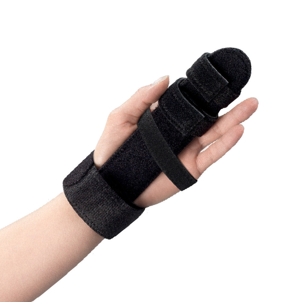 OTC 2075 finger immobilizer hand splint palm view – black neoprene, adjustable wrist and finger straps, open palm design, worn on left hand – Must