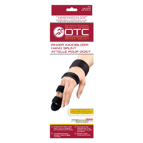 OTC 2075 Series Select finger immobilizer hand splint packaging – maximum support, open design, bilingual English and French, one size – Must