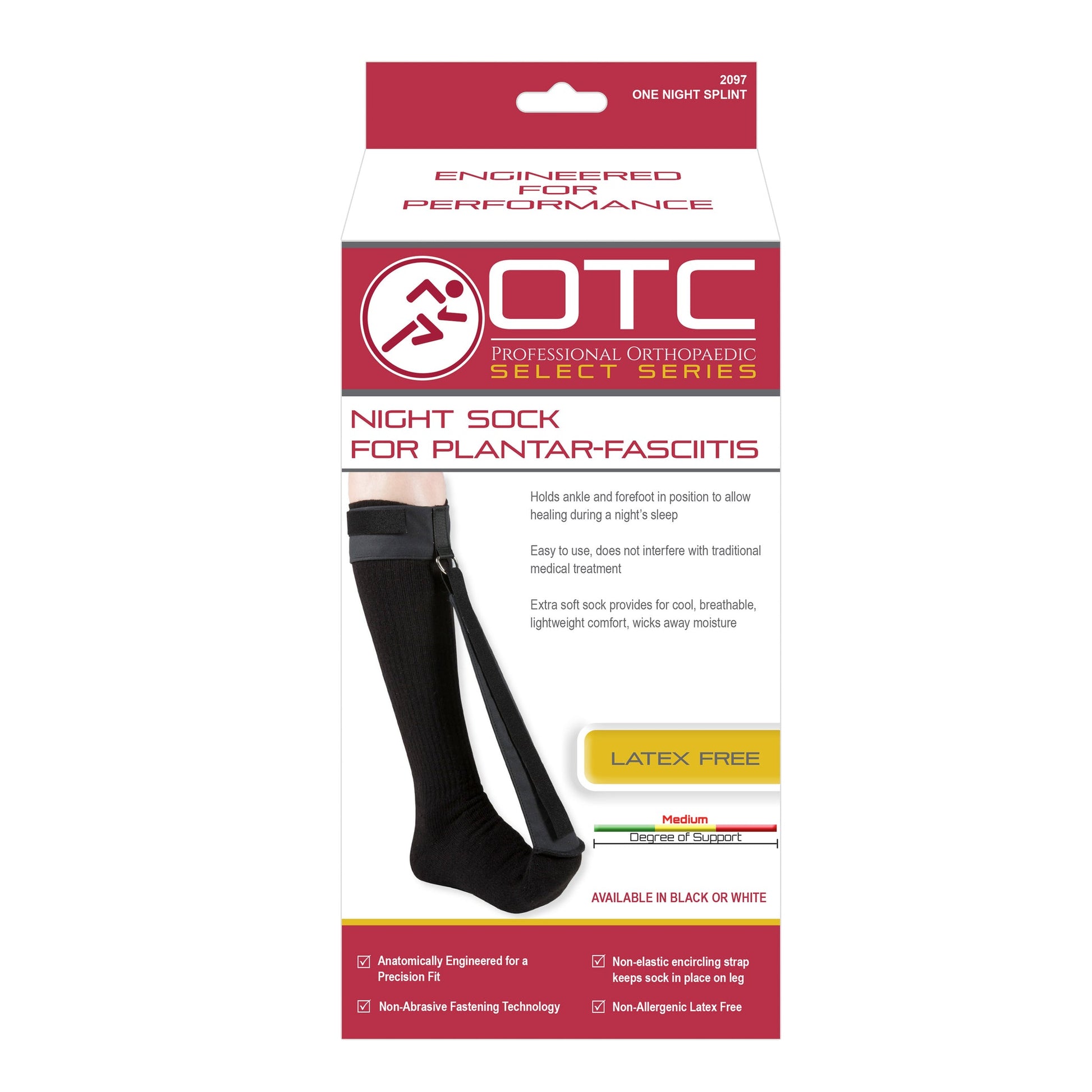 OTC Professional Orthopaedic Select Series 2097 Night Sock for Plantar Fasciitis retail packaging front showing splint sock on leg, feature callouts, Latex Free badge, and medium degree of support indicator
