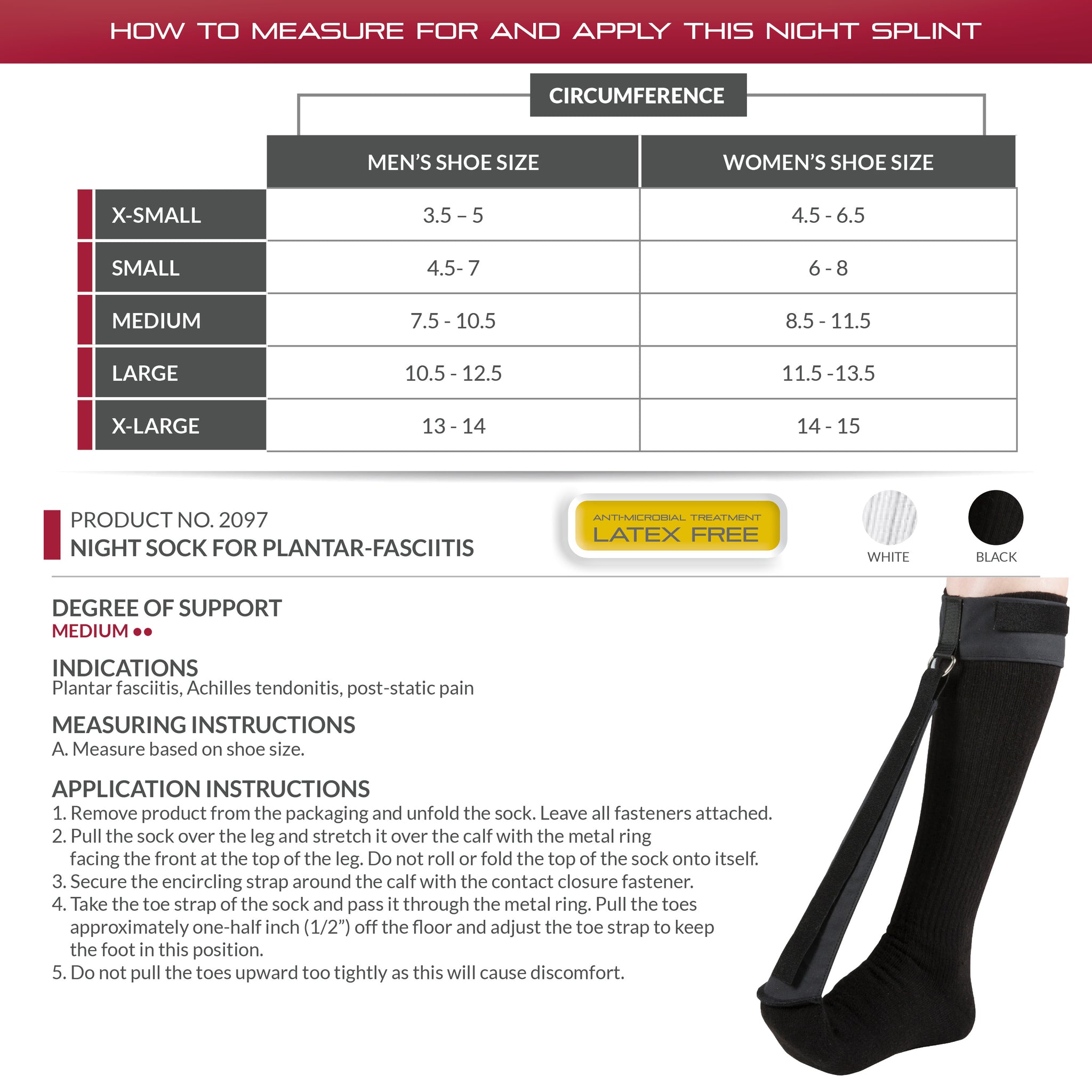 OTC 2097 Night Sock for Plantar Fasciitis size chart showing XS to XL shoe sizes for men and women, with Latex Free badge, color swatches, indications, and 5-step application instructions

