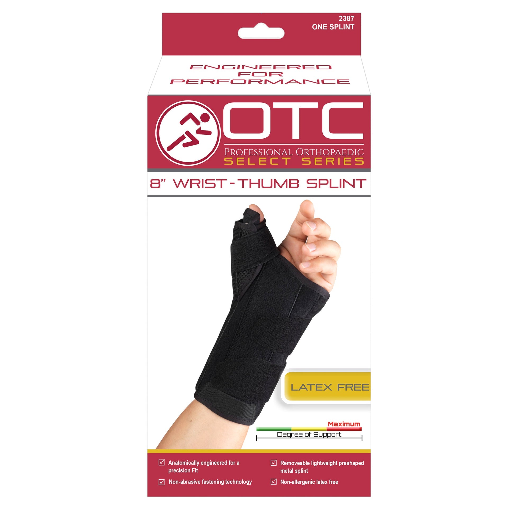 OTC Professional Orthopaedic 2387 Select Series 8-inch Wrist-Thumb Splint retail box showing brace on hand, latex free badge, maximum support indicator, and key feature callouts
