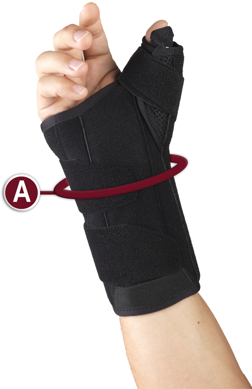 OTC 2387 thumb spica wrist brace side view with red annotation circle highlighting 8-inch extended wrist length, showing full forearm coverage, thumb spica, and velcro straps

