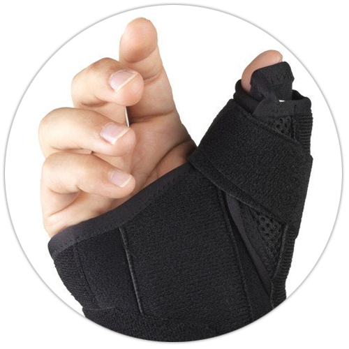 Close-up circle crop of OTC 2387 thumb spica wrist brace showing thumb spica channel, hook-and-eye thumb closure, diagonal wrap strap, and ventilated fabric panel
