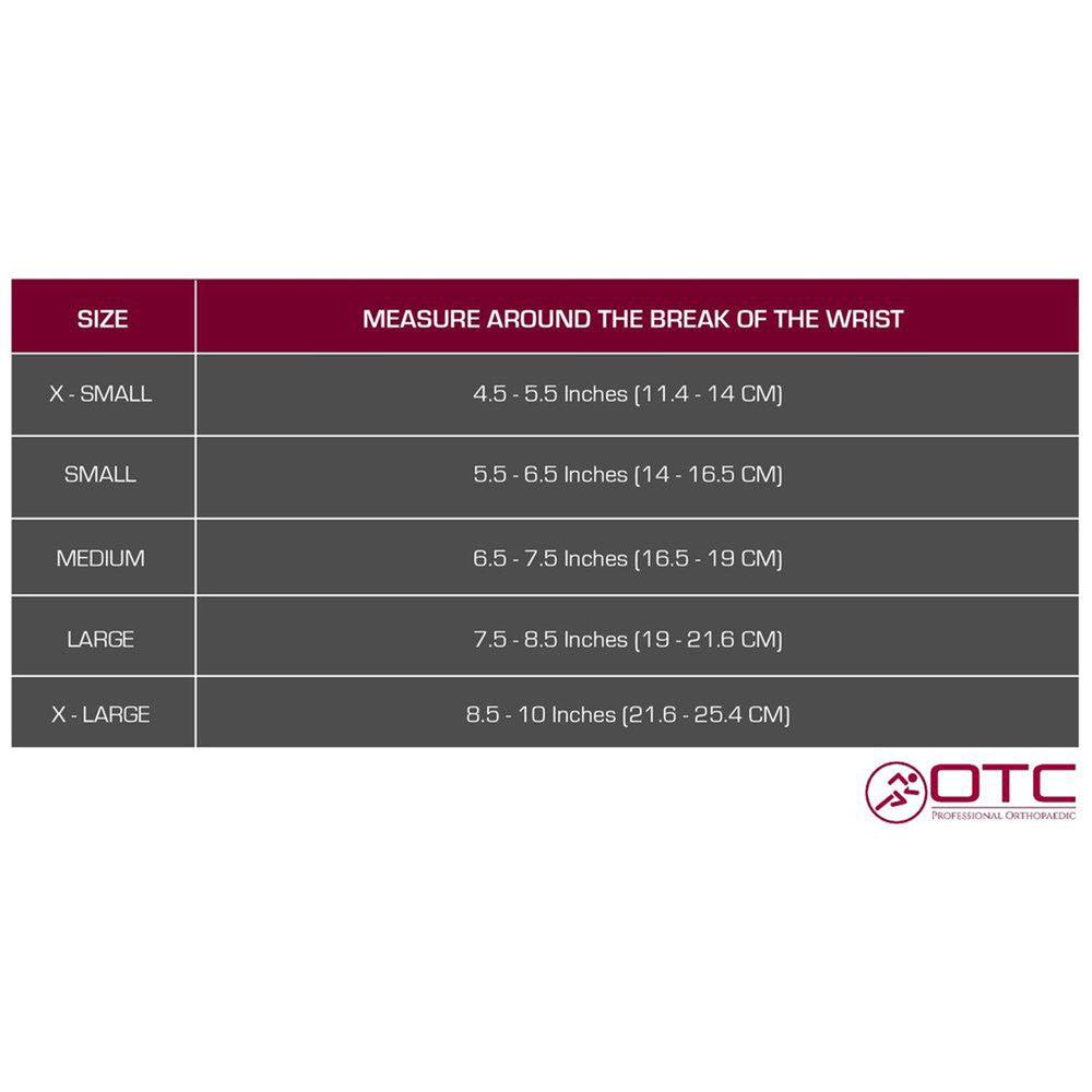 OTC Professional Orthopaedic wrist brace size chart showing XS through XL wrist circumference measurements in inches and centimetres measured at the break of the wrist
