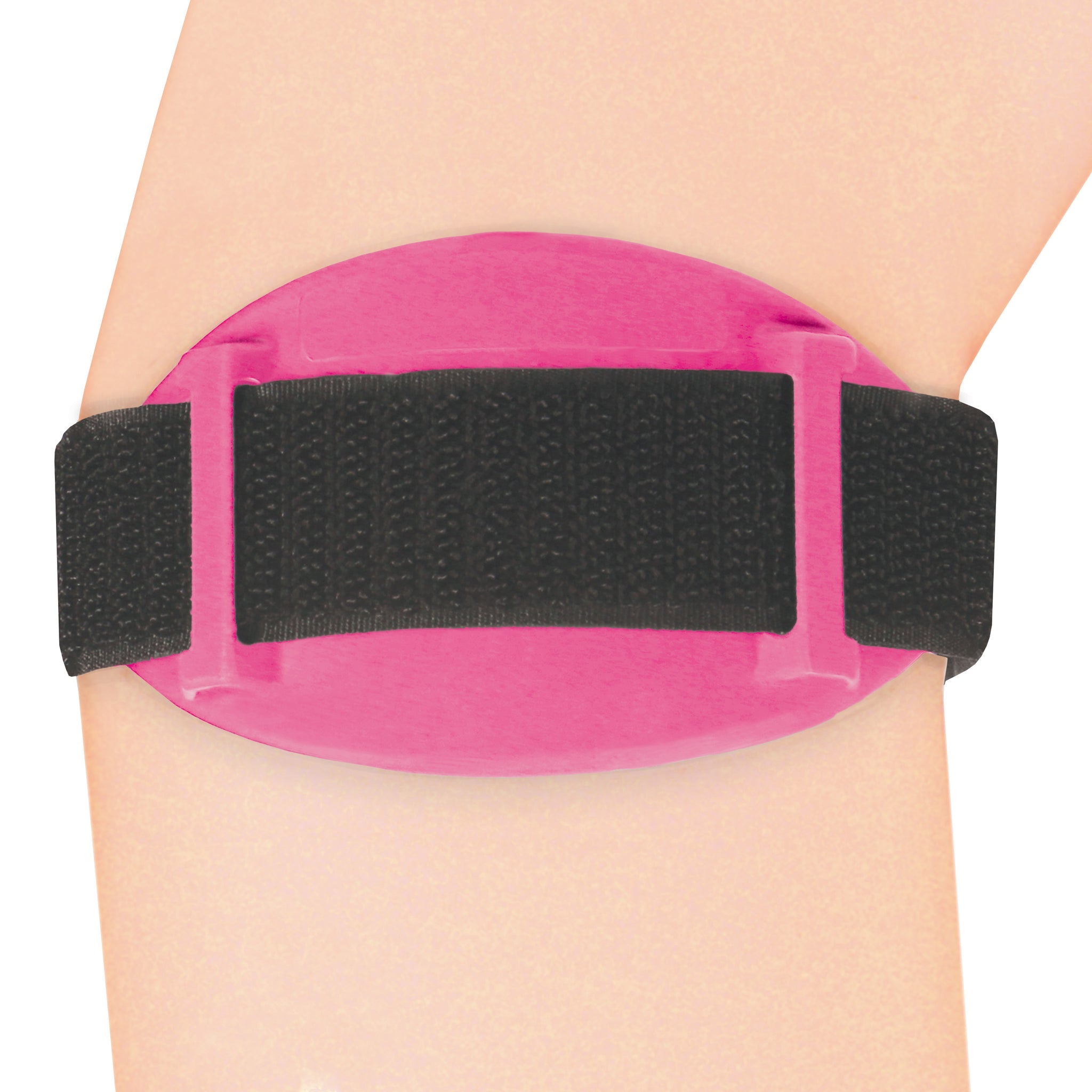 Front view of OTC 2421 tennis elbow brace in pink on forearm showing full pink oval hard shell pressure pad, black elastic strap through dual channel guides, and strap ends for velcro closure
