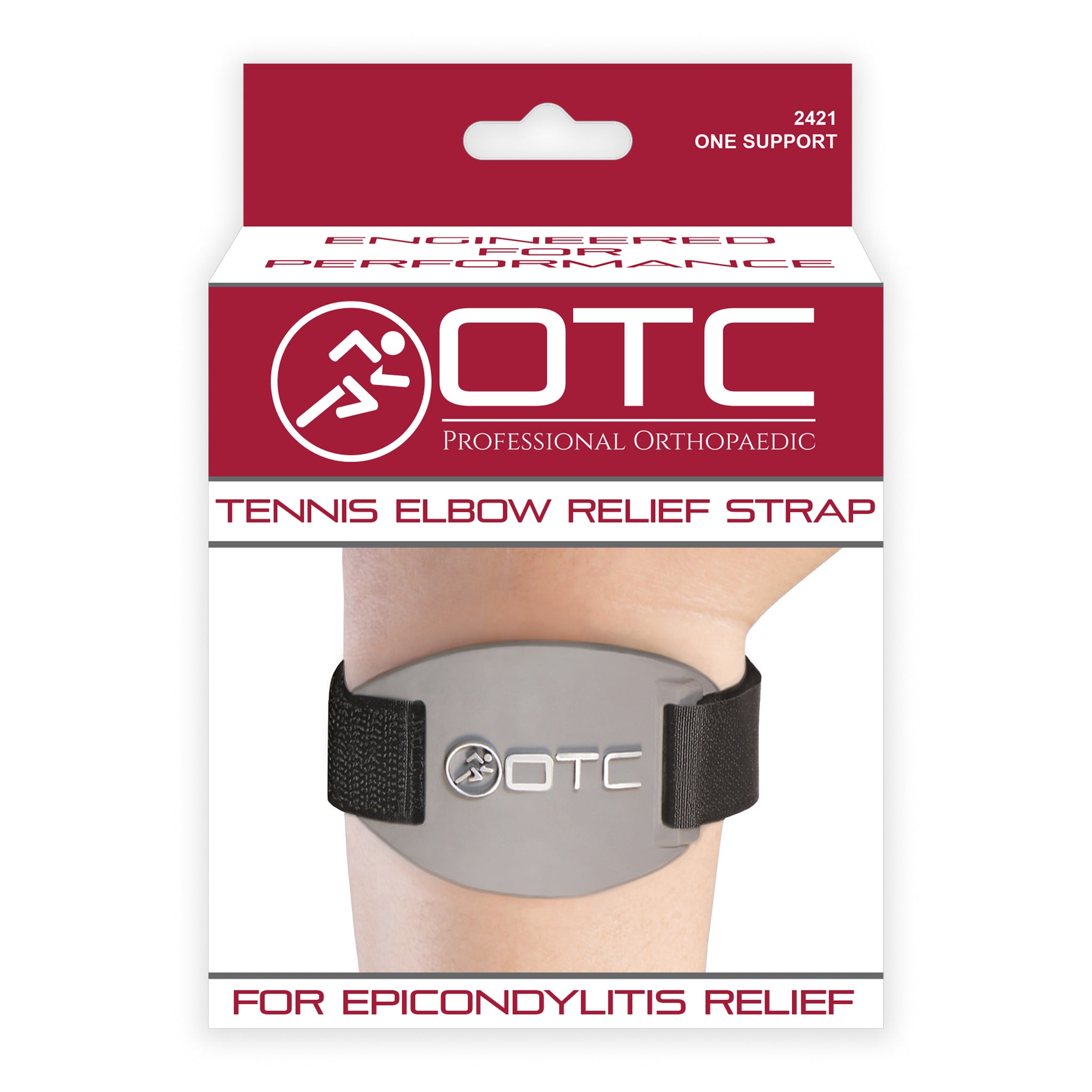 OTC Professional Orthopaedic 2421 Tennis Elbow Relief Strap retail packaging front showing brace worn on forearm, Engineered for Performance tagline, and For Epicondylitis Relief footer