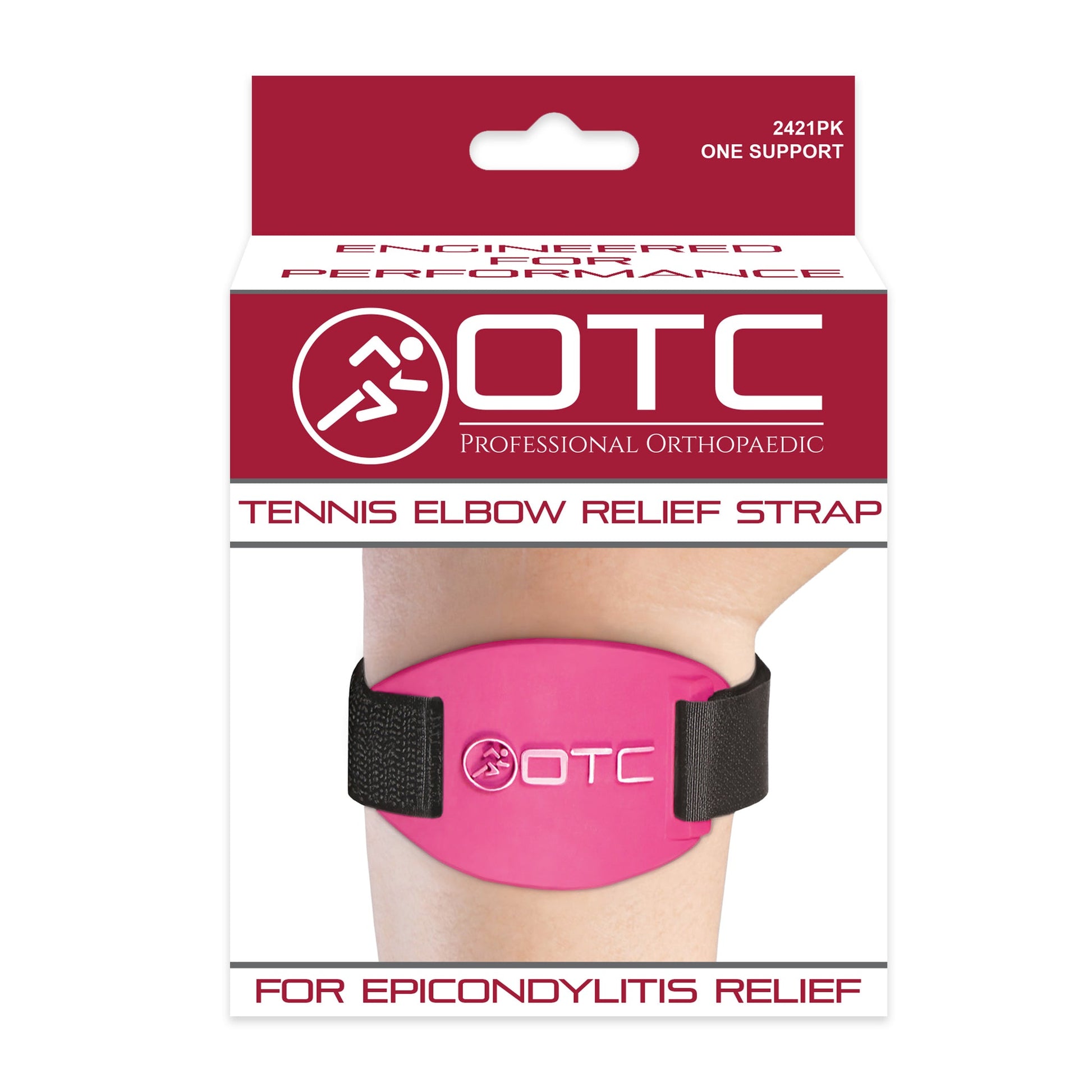 OTC Professional Orthopaedic 2421PK Tennis Elbow Relief Strap pink retail packaging front showing pink brace worn on forearm, Engineered for Performance tagline, and For Epicondylitis Relief footer
