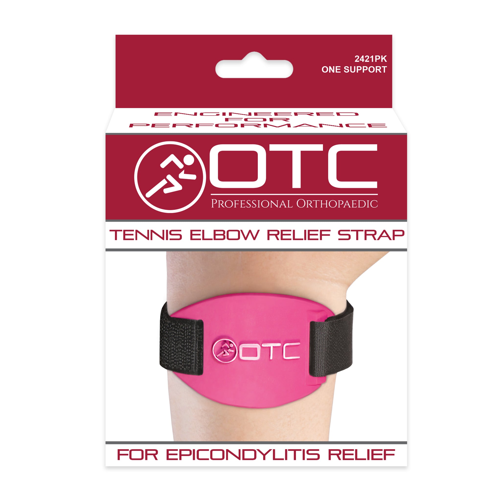 OTC Professional Orthopaedic 2421PK Tennis Elbow Relief Strap pink retail packaging front showing pink brace worn on forearm, Engineered for Performance tagline, and For Epicondylitis Relief footer

