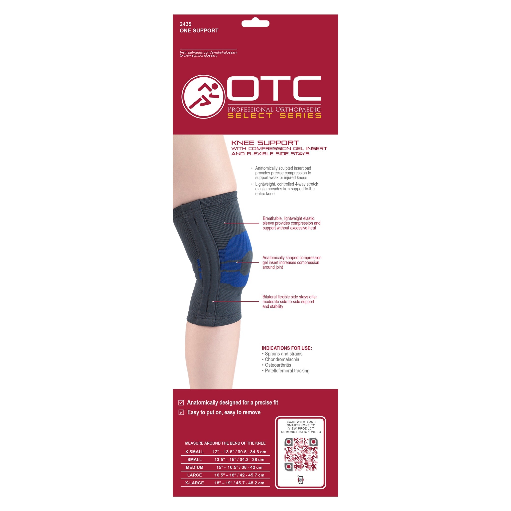 OTC Professional Orthopaedic Select Series 2435 knee support with compression gel insert and flexible side stays product box — front view showing features, bilateral side stays, indications for sprains and osteoarthritis, and sizing chart XS to XL measured around bend of knee