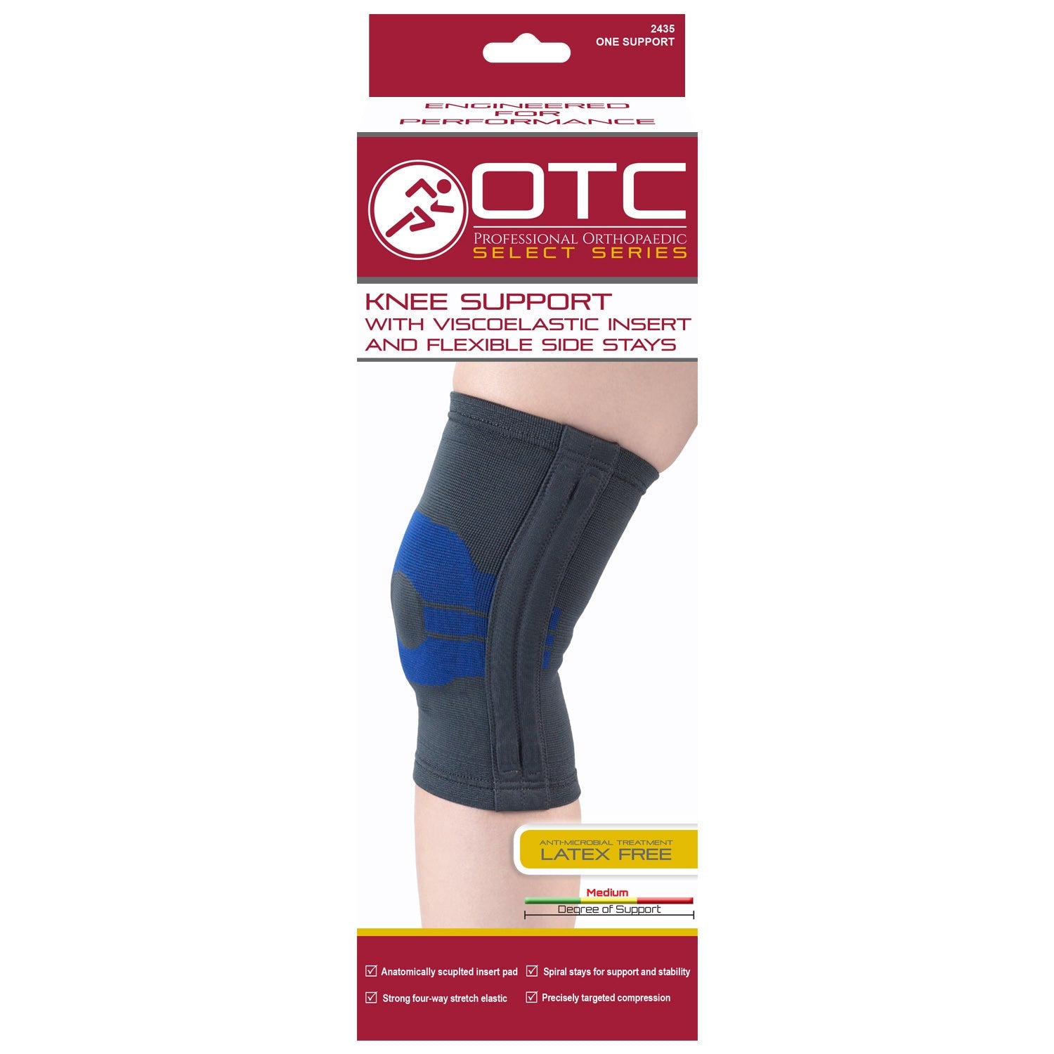 OTC Professional Orthopaedic Select Series 2435 knee support with viscoelastic insert and flexible side stays product box — front view showing grey and blue knit sleeve on leg, latex free badge, medium degree of support indicator, and features including spiral stays, four-way stretch elastic, and precisely targeted compression
