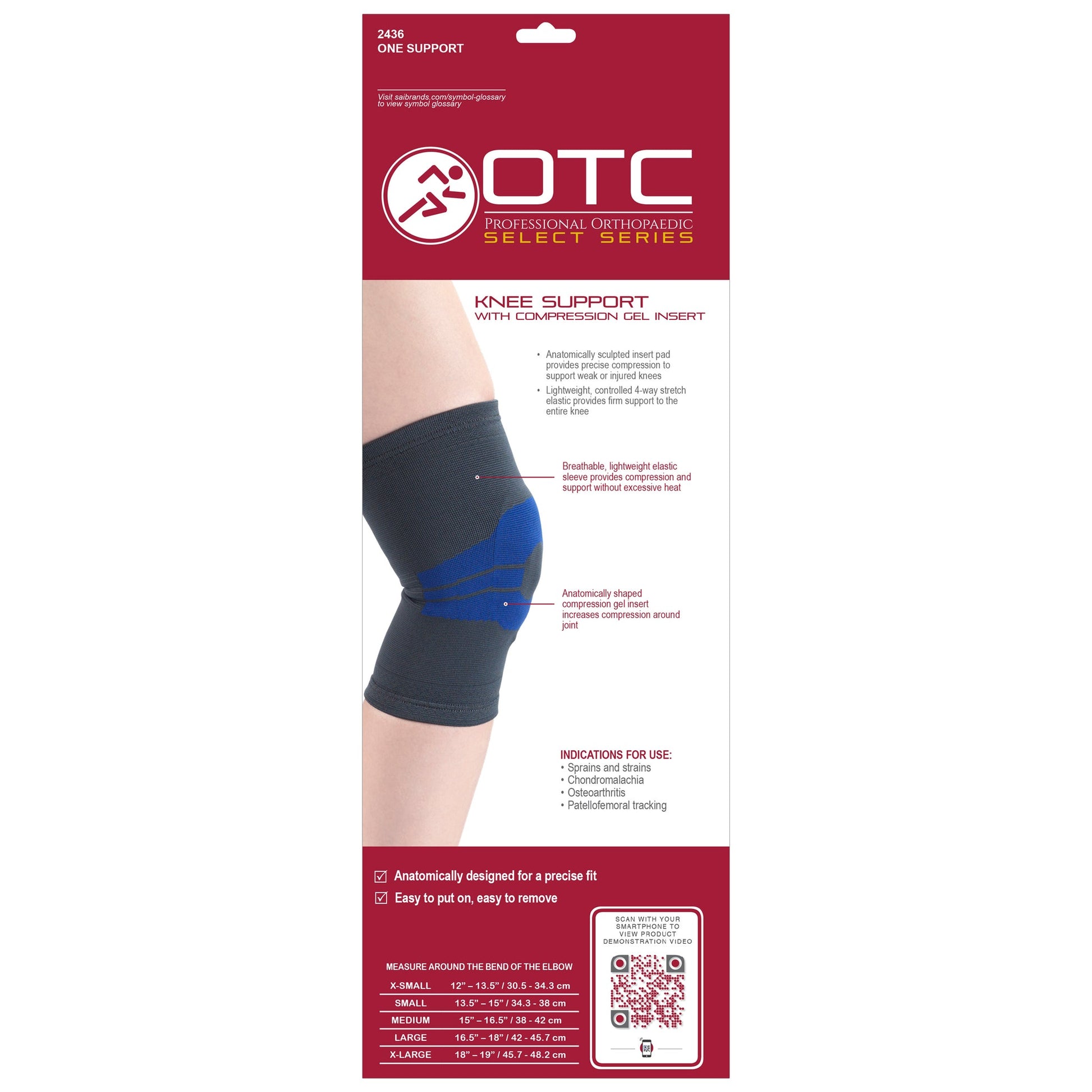 OTC Professional Orthopaedic Select Series 2436 knee support with compression gel insert product box — front view showing features, indications for sprains, osteoarthritis, and patellofemoral tracking, plus sizing chart XS to XL measured around bend of knee