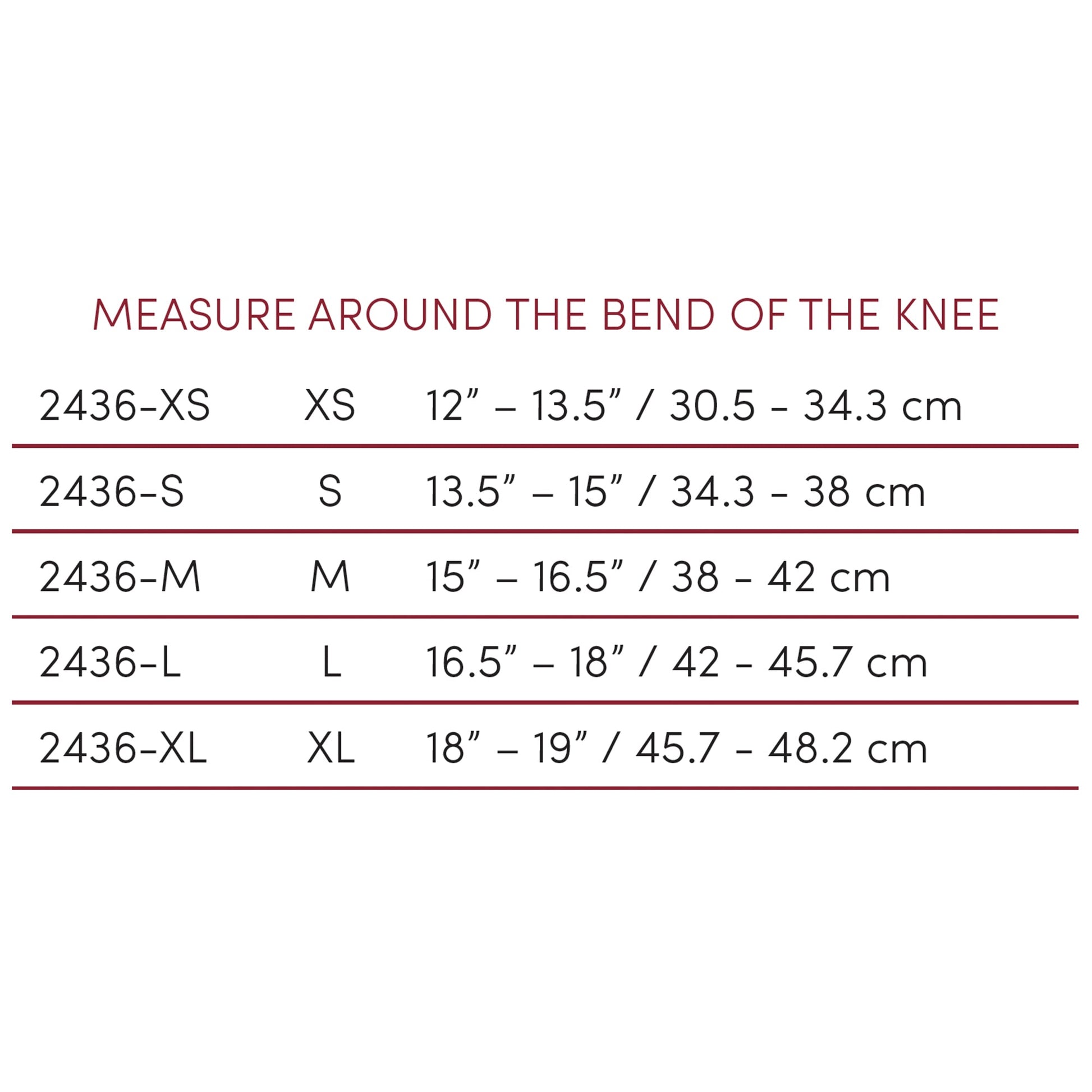 OTC 2436 knee support sizing chart — measure around bend of knee: XS 12–13.5 in (30.5–34.3 cm), S 13.5–15 in (34.3–38 cm), M 15–16.5 in (38–42 cm), L 16.5–18 in (42–45.7 cm), XL 18–19 in (45.7–48.2 cm)