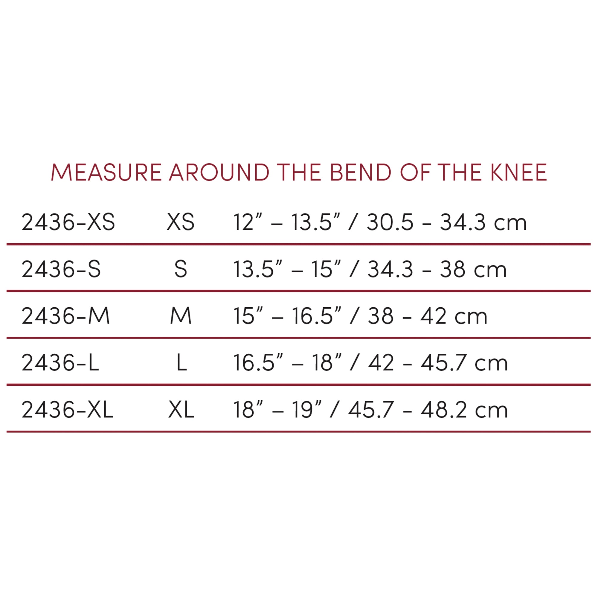 OTC 2436 knee support sizing chart — measure around bend of knee: XS 12–13.5 in (30.5–34.3 cm), S 13.5–15 in (34.3–38 cm), M 15–16.5 in (38–42 cm), L 16.5–18 in (42–45.7 cm), XL 18–19 in (45.7–48.2 cm)