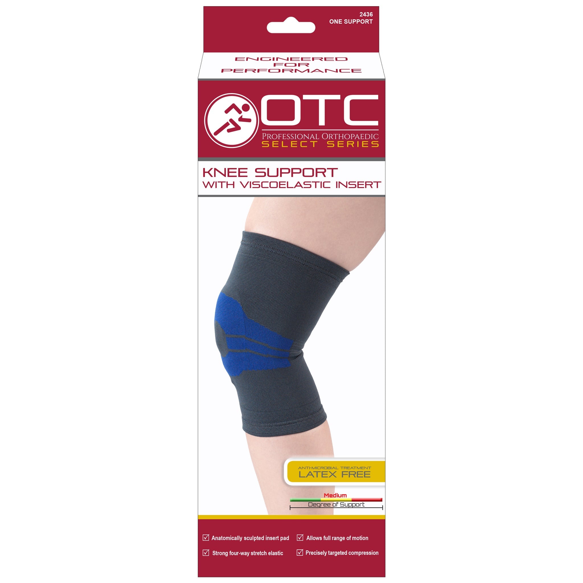 OTC Professional Orthopaedic Select Series 2436 knee support with viscoelastic insert product box — front view showing grey and blue knit sleeve on leg, latex free badge, medium degree of support indicator, and features including anatomically sculpted insert pad and four-way stretch elastic