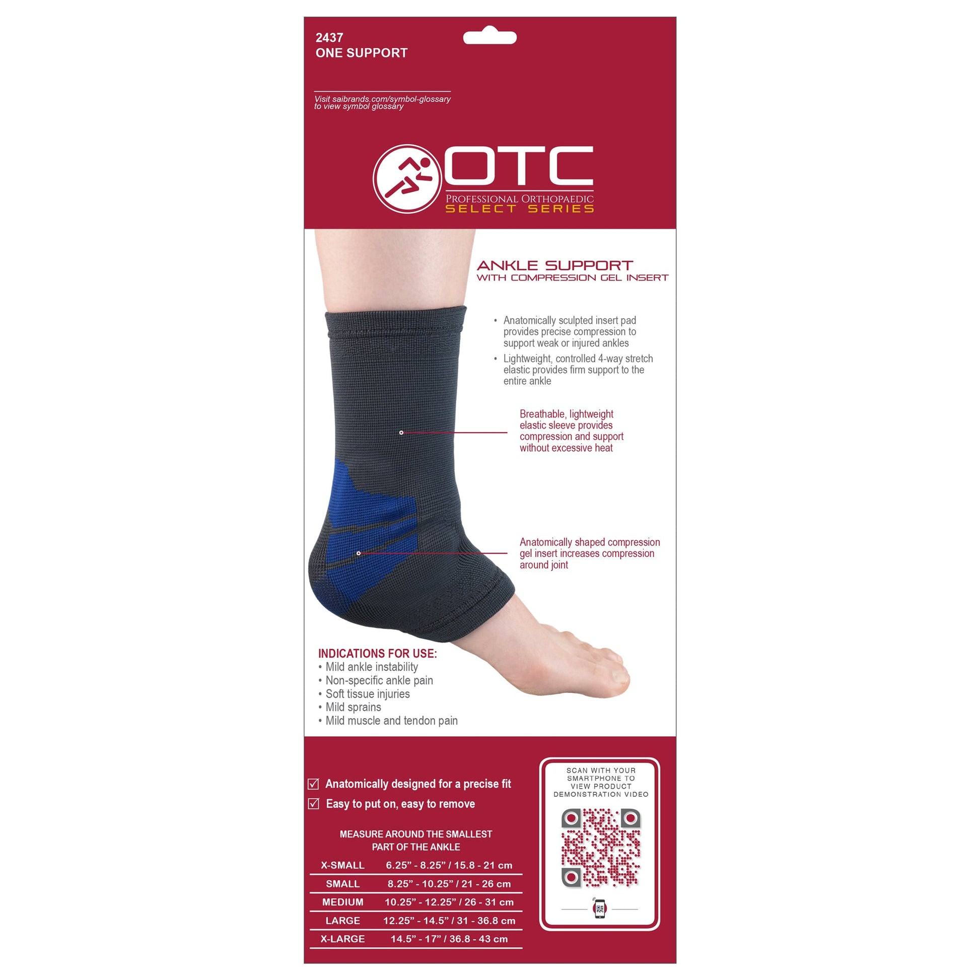 OTC Professional Orthopaedic Select Series 2437 Ankle Support with Compression Gel Insert retail packaging back showing brace on ankle, feature callouts, indications for use, and XS to XL size chart
