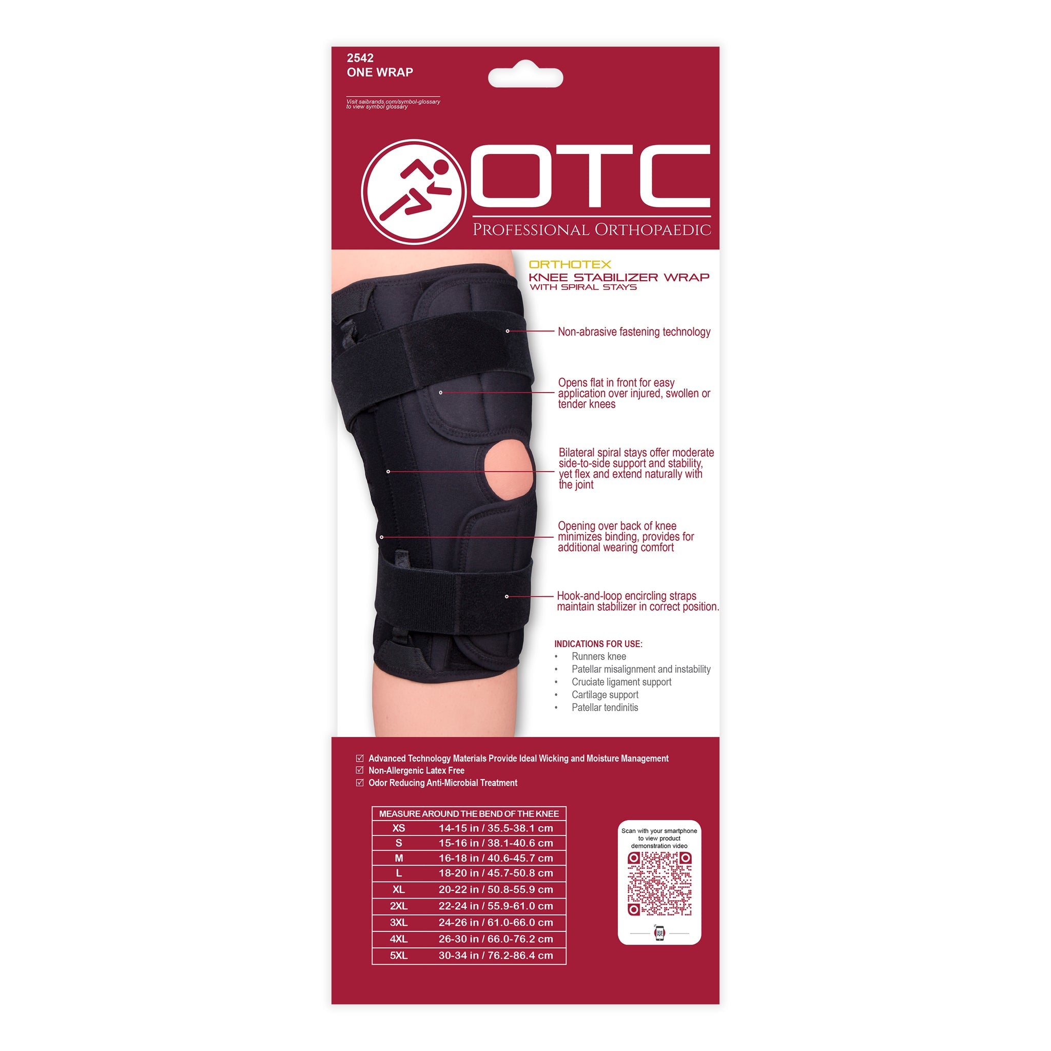 OTC Professional Orthopaedic Orthotex 2542 knee stabilizer wrap product box back — showing callout features including bilateral spiral stays, open-front design, hook-and-loop encircling straps, indications for runners knee and cruciate ligament support, and sizing chart XS 14–15 in through 5XL 30–34 in measured around bend of knee